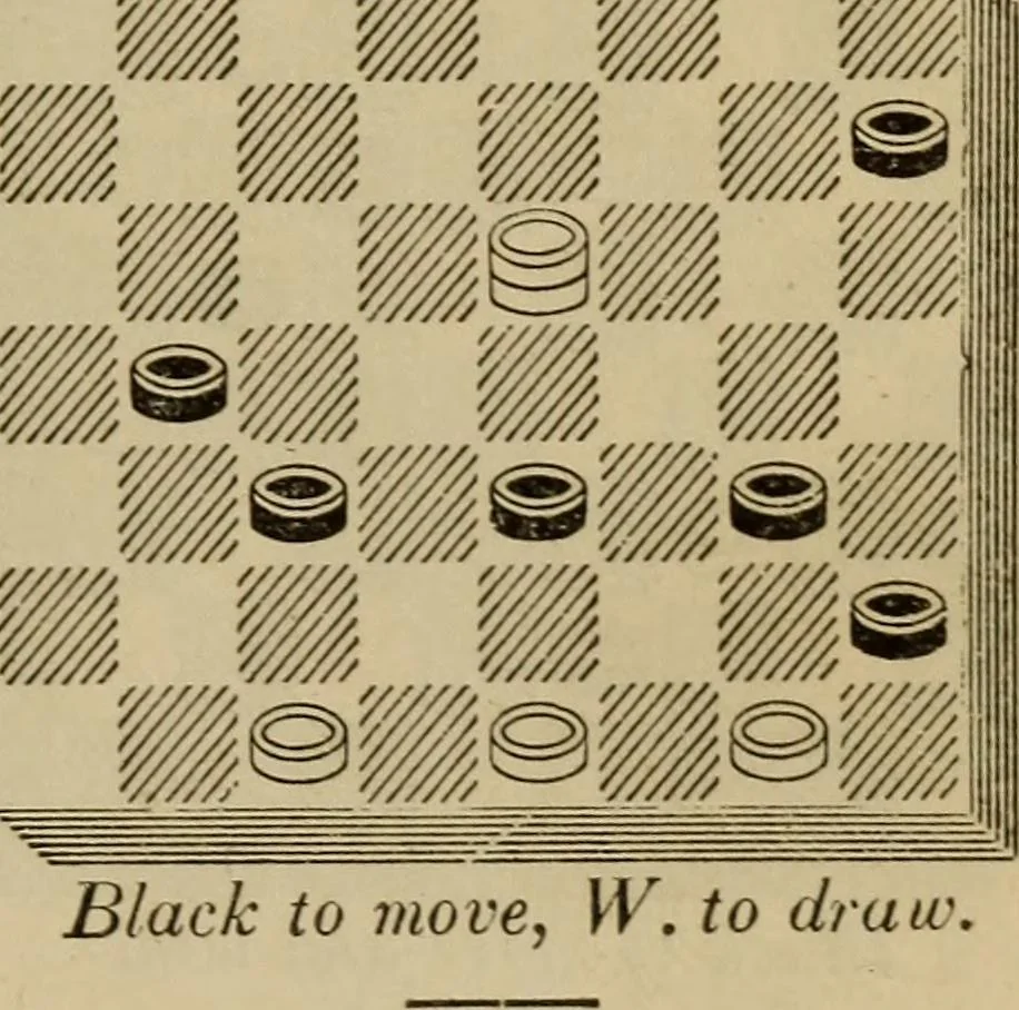 An illustration from Draughts : Gould's problems, critical positions and games by all the greatest players and composers of the world, the whole interspersed with notes on the positions / by Joseph Gould, 1895, leaf 130