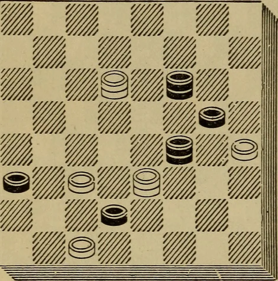 An illustration from Draughts : Gould's problems, critical positions and games by all the greatest players and composers of the world, the whole interspersed with notes on the positions / by Joseph Gould, 1895, leaf 131