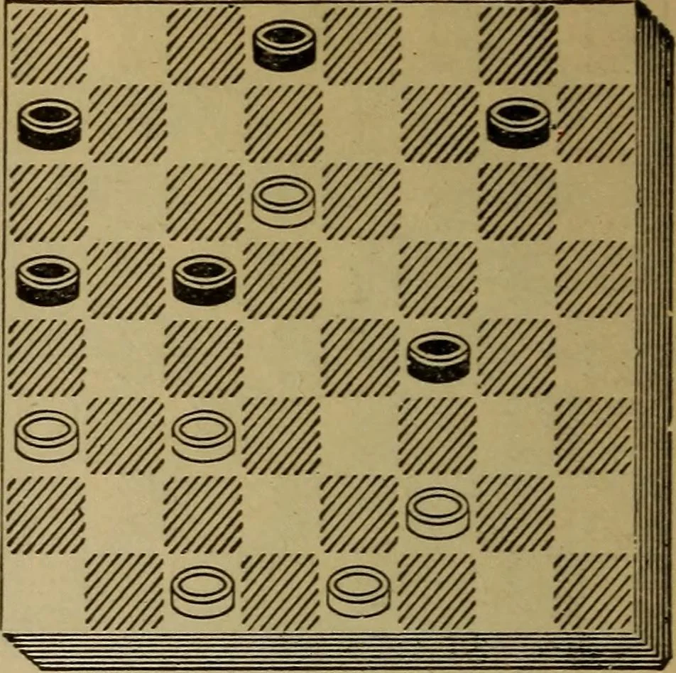 An illustration from Draughts : Gould's problems, critical positions and games by all the greatest players and composers of the world, the whole interspersed with notes on the positions / by Joseph Gould, 1895, leaf 131