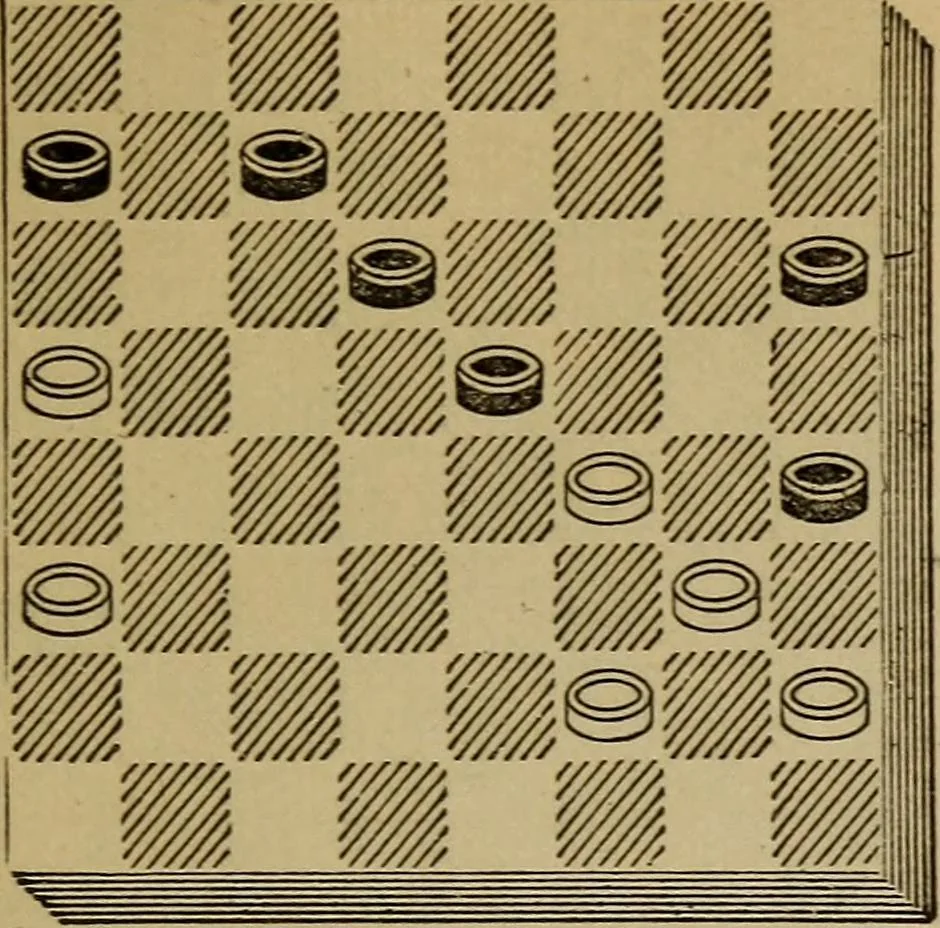 An illustration from Draughts : Gould's problems, critical positions and games by all the greatest players and composers of the world, the whole interspersed with notes on the positions / by Joseph Gould, 1895, leaf 132