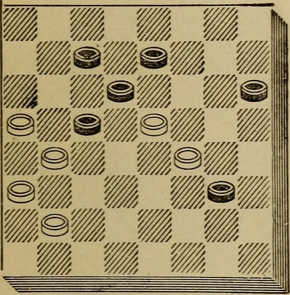 An illustration from Draughts : Gould's problems, critical positions and games by all the greatest players and composers of the world, the whole interspersed with notes on the positions / by Joseph Gould, 1895, leaf 132