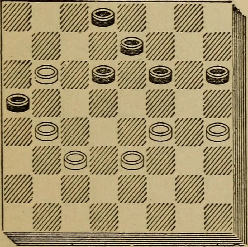 An illustration from Draughts : Gould's problems, critical positions and games by all the greatest players and composers of the world, the whole interspersed with notes on the positions / by Joseph Gould, 1895, leaf 132