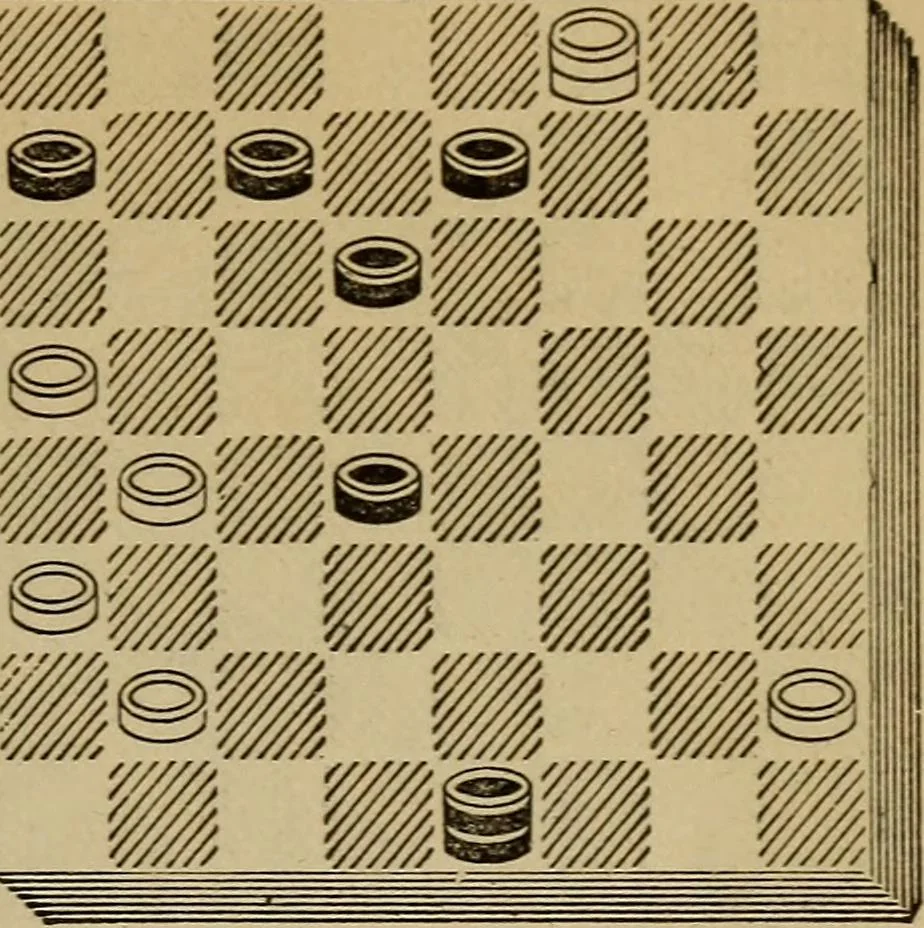 An illustration from Draughts : Gould's problems, critical positions and games by all the greatest players and composers of the world, the whole interspersed with notes on the positions / by Joseph Gould, 1895, leaf 132