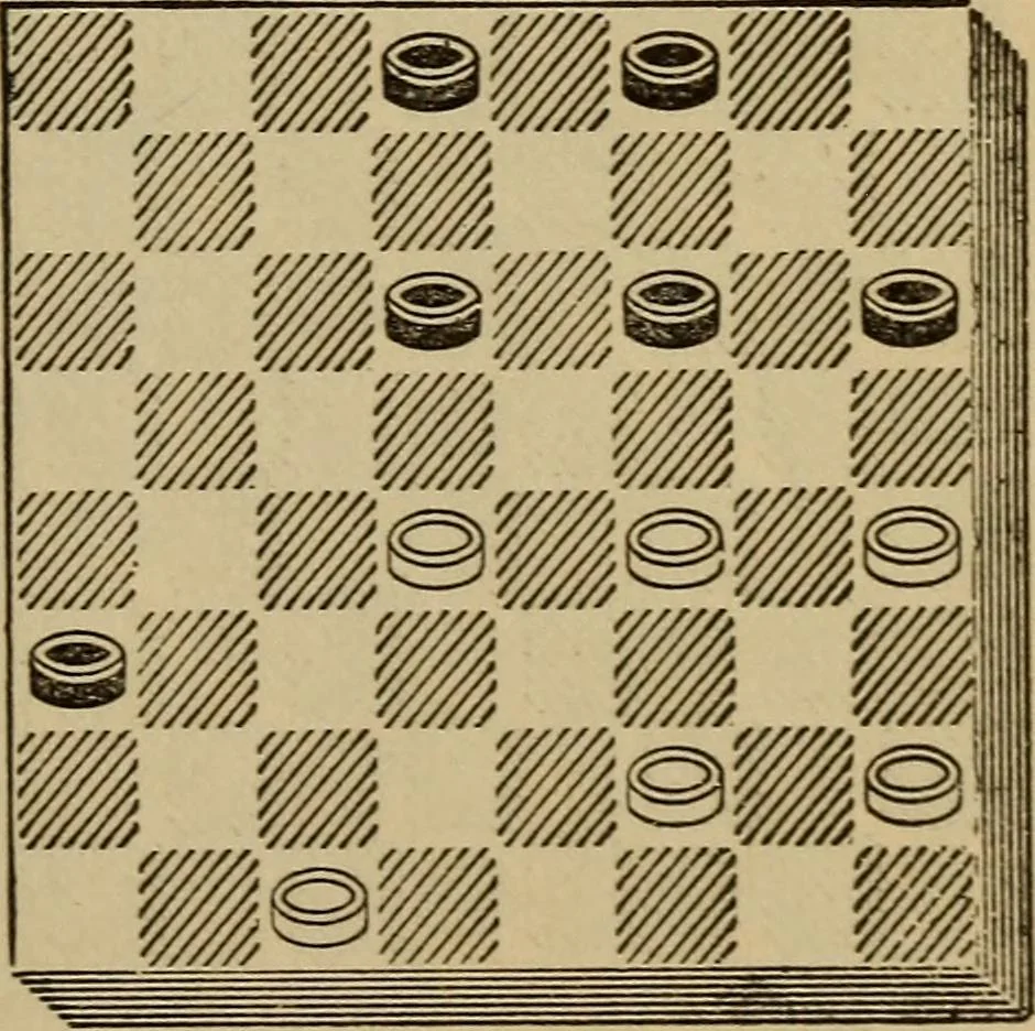 An illustration from Draughts : Gould's problems, critical positions and games by all the greatest players and composers of the world, the whole interspersed with notes on the positions / by Joseph Gould, 1895, leaf 132
