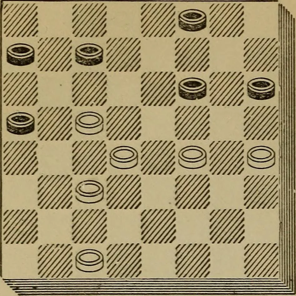 An illustration from Draughts : Gould's problems, critical positions and games by all the greatest players and composers of the world, the whole interspersed with notes on the positions / by Joseph Gould, 1895, leaf 133