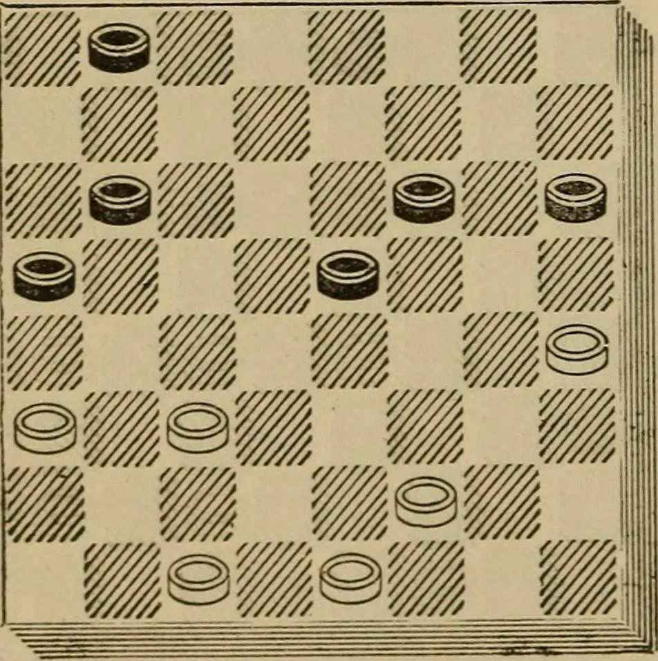 An illustration from Draughts : Gould's problems, critical positions and games by all the greatest players and composers of the world, the whole interspersed with notes on the positions / by Joseph Gould, 1895, leaf 133