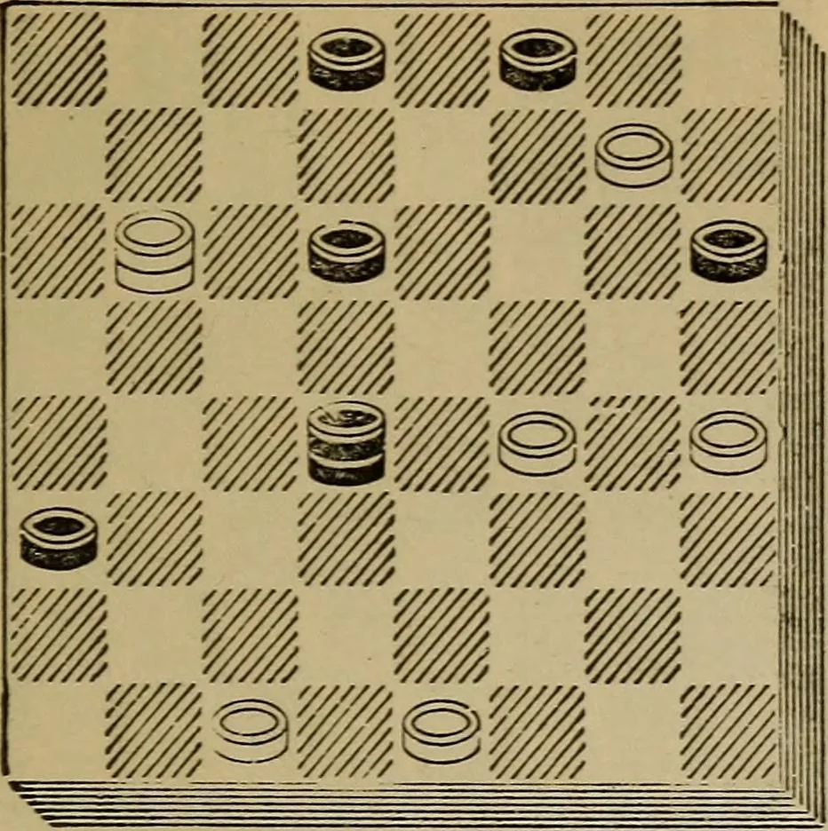 An illustration from Draughts : Gould's problems, critical positions and games by all the greatest players and composers of the world, the whole interspersed with notes on the positions / by Joseph Gould, 1895, leaf 134