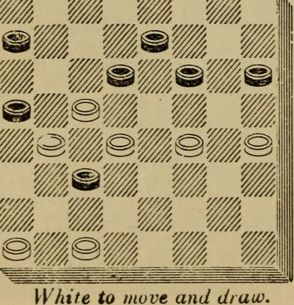 An illustration from Draughts : Gould's problems, critical positions and games by all the greatest players and composers of the world, the whole interspersed with notes on the positions / by Joseph Gould, 1895, leaf 135