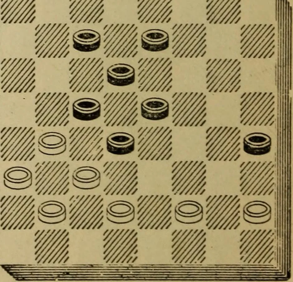 An illustration from Draughts : Gould's problems, critical positions and games by all the greatest players and composers of the world, the whole interspersed with notes on the positions / by Joseph Gould, 1895, leaf 135