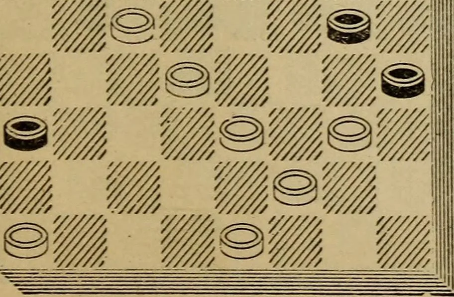 An illustration from Draughts : Gould's problems, critical positions and games by all the greatest players and composers of the world, the whole interspersed with notes on the positions / by Joseph Gould, 1895, leaf 136