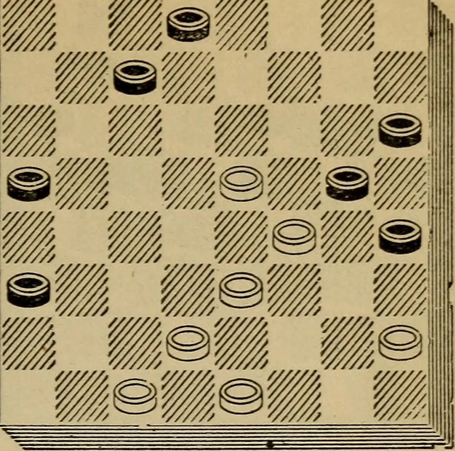 An illustration from Draughts : Gould's problems, critical positions and games by all the greatest players and composers of the world, the whole interspersed with notes on the positions / by Joseph Gould, 1895, leaf 136