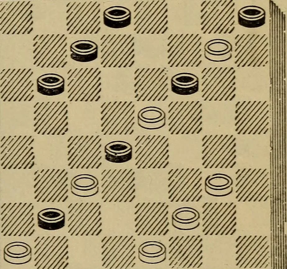 An illustration from Draughts : Gould's problems, critical positions and games by all the greatest players and composers of the world, the whole interspersed with notes on the positions / by Joseph Gould, 1895, leaf 136