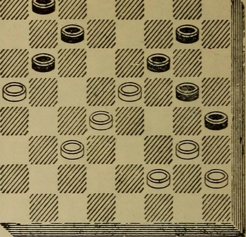 An illustration from Draughts : Gould's problems, critical positions and games by all the greatest players and composers of the world, the whole interspersed with notes on the positions / by Joseph Gould, 1895, leaf 137