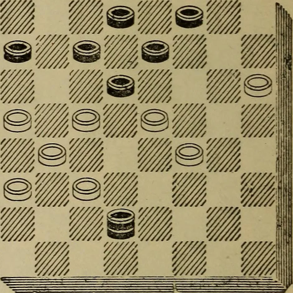 An illustration from Draughts : Gould's problems, critical positions and games by all the greatest players and composers of the world, the whole interspersed with notes on the positions / by Joseph Gould, 1895, leaf 137