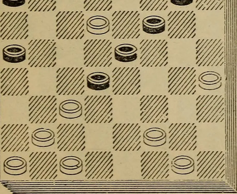 An illustration from Draughts : Gould's problems, critical positions and games by all the greatest players and composers of the world, the whole interspersed with notes on the positions / by Joseph Gould, 1895, leaf 138