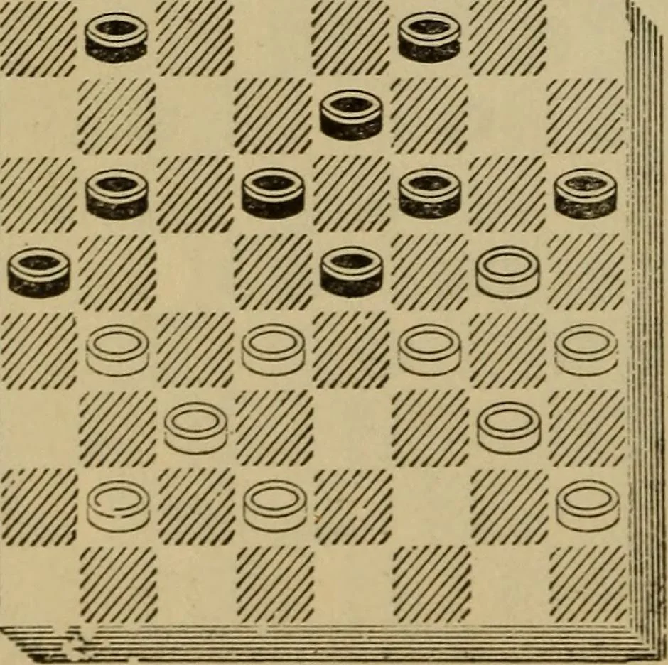 An illustration from Draughts : Gould's problems, critical positions and games by all the greatest players and composers of the world, the whole interspersed with notes on the positions / by Joseph Gould, 1895, leaf 139