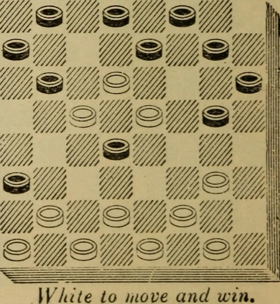 An illustration from Draughts : Gould's problems, critical positions and games by all the greatest players and composers of the world, the whole interspersed with notes on the positions / by Joseph Gould, 1895, leaf 139