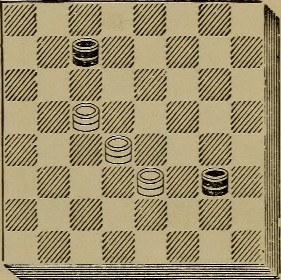 An illustration from Draughts : Gould's problems, critical positions and games by all the greatest players and composers of the world, the whole interspersed with notes on the positions / by Joseph Gould, 1895, leaf 14