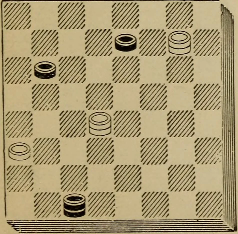 An illustration from Draughts : Gould's problems, critical positions and games by all the greatest players and composers of the world, the whole interspersed with notes on the positions / by Joseph Gould, 1895, leaf 142