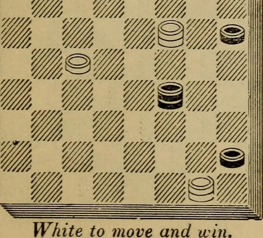 An illustration from Draughts : Gould's problems, critical positions and games by all the greatest players and composers of the world, the whole interspersed with notes on the positions / by Joseph Gould, 1895, leaf 144