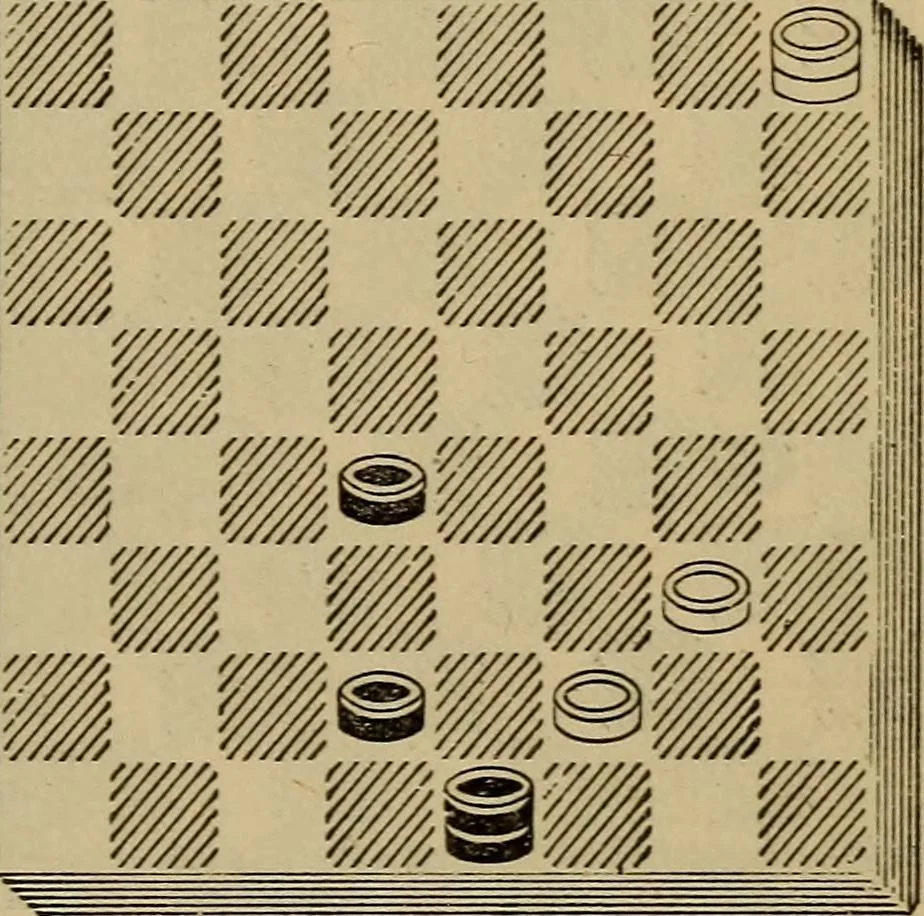 An illustration from Draughts : Gould's problems, critical positions and games by all the greatest players and composers of the world, the whole interspersed with notes on the positions / by Joseph Gould, 1895, leaf 144