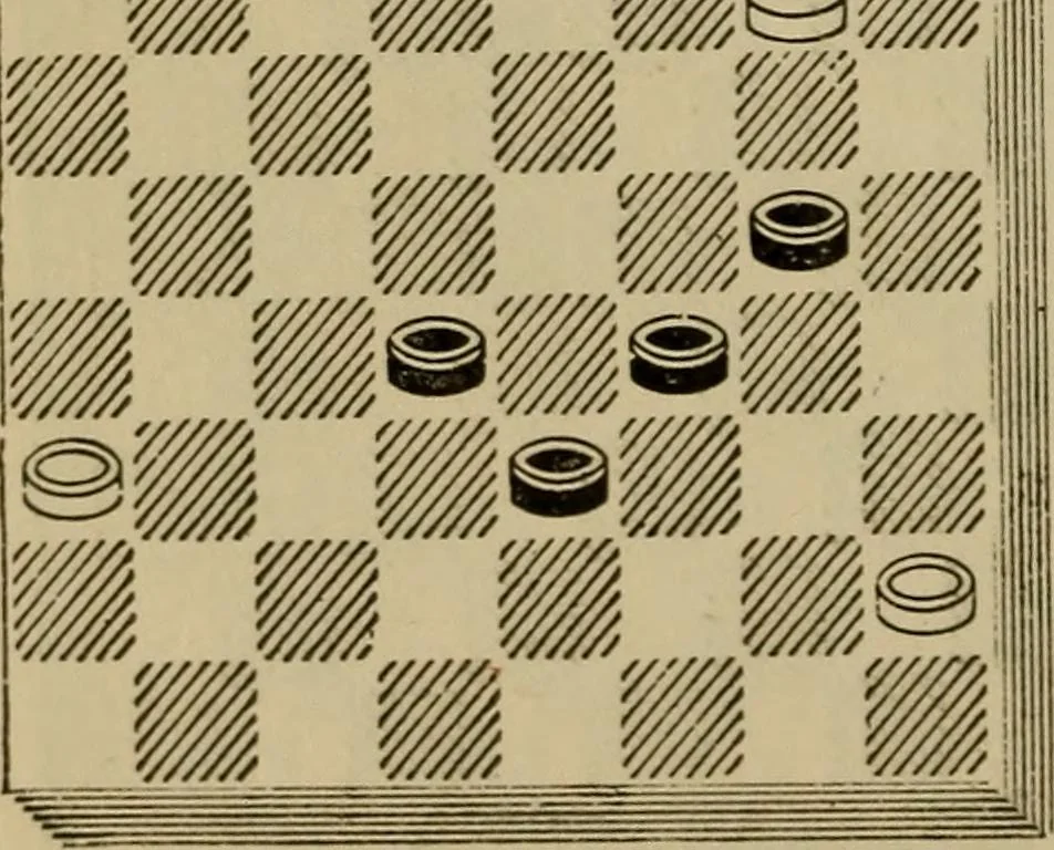 An illustration from Draughts : Gould's problems, critical positions and games by all the greatest players and composers of the world, the whole interspersed with notes on the positions / by Joseph Gould, 1895, leaf 145