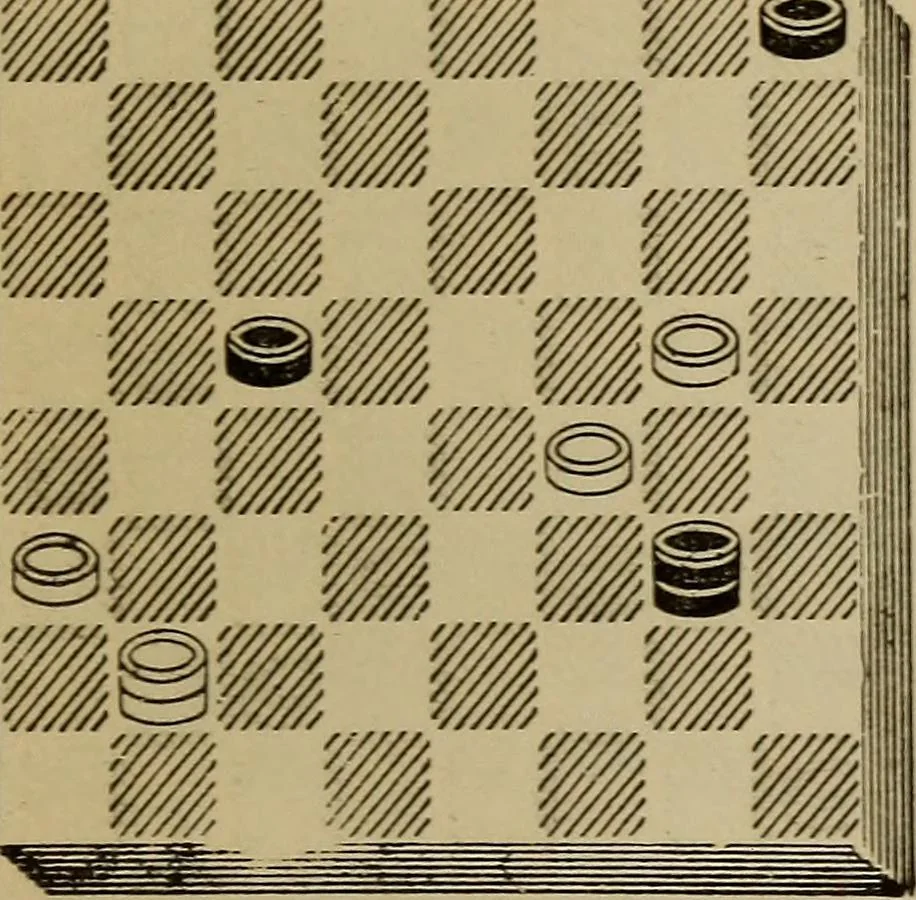 An illustration from Draughts : Gould's problems, critical positions and games by all the greatest players and composers of the world, the whole interspersed with notes on the positions / by Joseph Gould, 1895, leaf 146