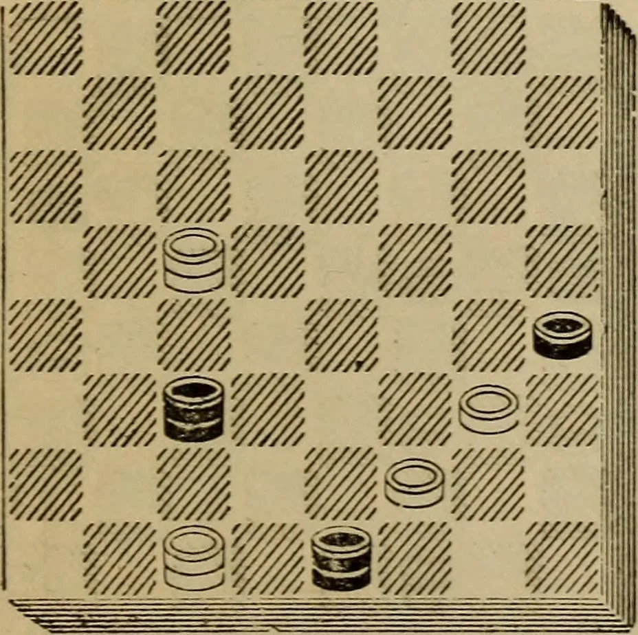 An illustration from Draughts : Gould's problems, critical positions and games by all the greatest players and composers of the world, the whole interspersed with notes on the positions / by Joseph Gould, 1895, leaf 146