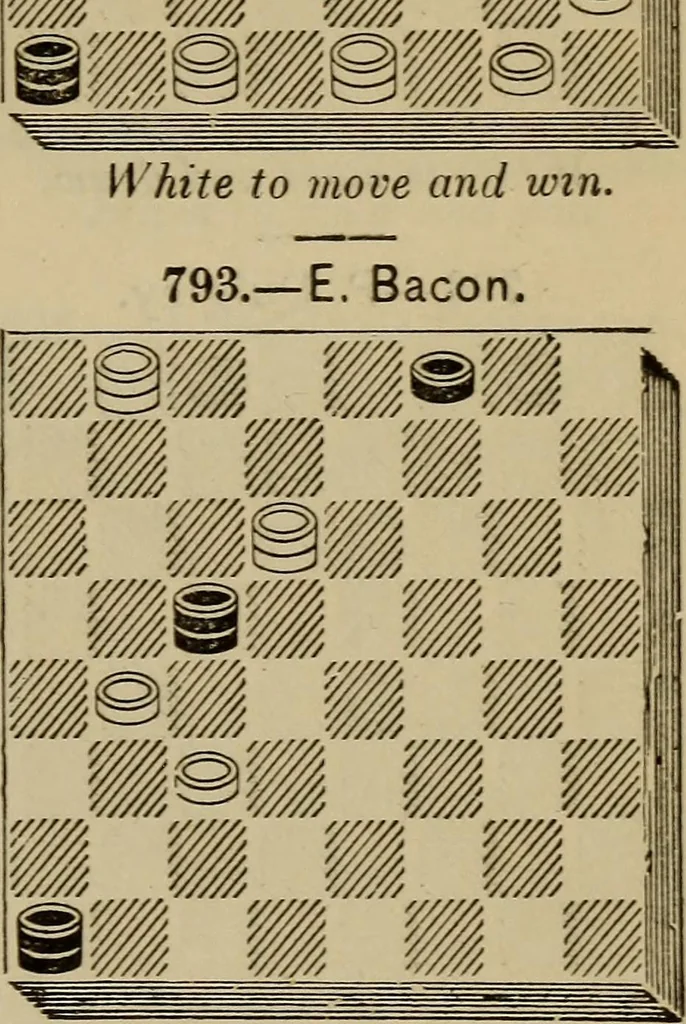 An illustration from Draughts : Gould's problems, critical positions and games by all the greatest players and composers of the world, the whole interspersed with notes on the positions / by Joseph Gould, 1895, leaf 146