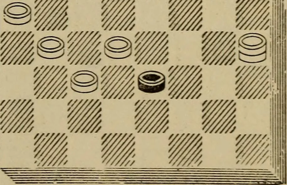 An illustration from Draughts : Gould's problems, critical positions and games by all the greatest players and composers of the world, the whole interspersed with notes on the positions / by Joseph Gould, 1895, leaf 146
