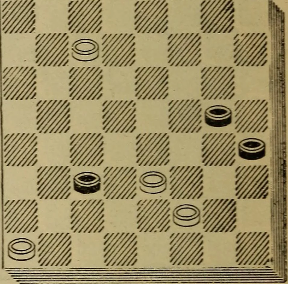An illustration from Draughts : Gould's problems, critical positions and games by all the greatest players and composers of the world, the whole interspersed with notes on the positions / by Joseph Gould, 1895, leaf 147