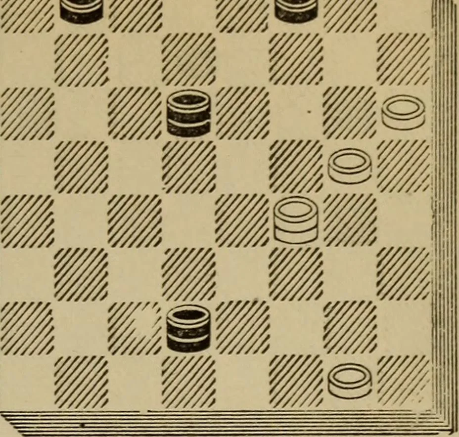 An illustration from Draughts : Gould's problems, critical positions and games by all the greatest players and composers of the world, the whole interspersed with notes on the positions / by Joseph Gould, 1895, leaf 148