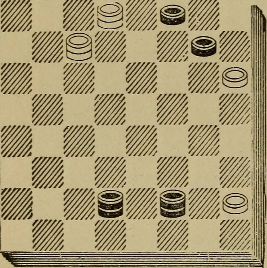 An illustration from Draughts : Gould's problems, critical positions and games by all the greatest players and composers of the world, the whole interspersed with notes on the positions / by Joseph Gould, 1895, leaf 149