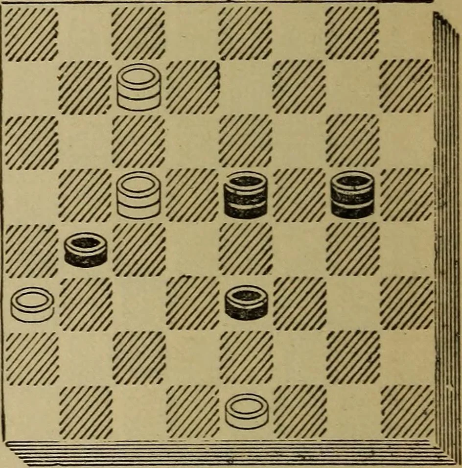 An illustration from Draughts : Gould's problems, critical positions and games by all the greatest players and composers of the world, the whole interspersed with notes on the positions / by Joseph Gould, 1895, leaf 149