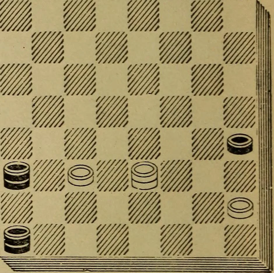 An illustration from Draughts : Gould's problems, critical positions and games by all the greatest players and composers of the world, the whole interspersed with notes on the positions / by Joseph Gould, 1895, leaf 15