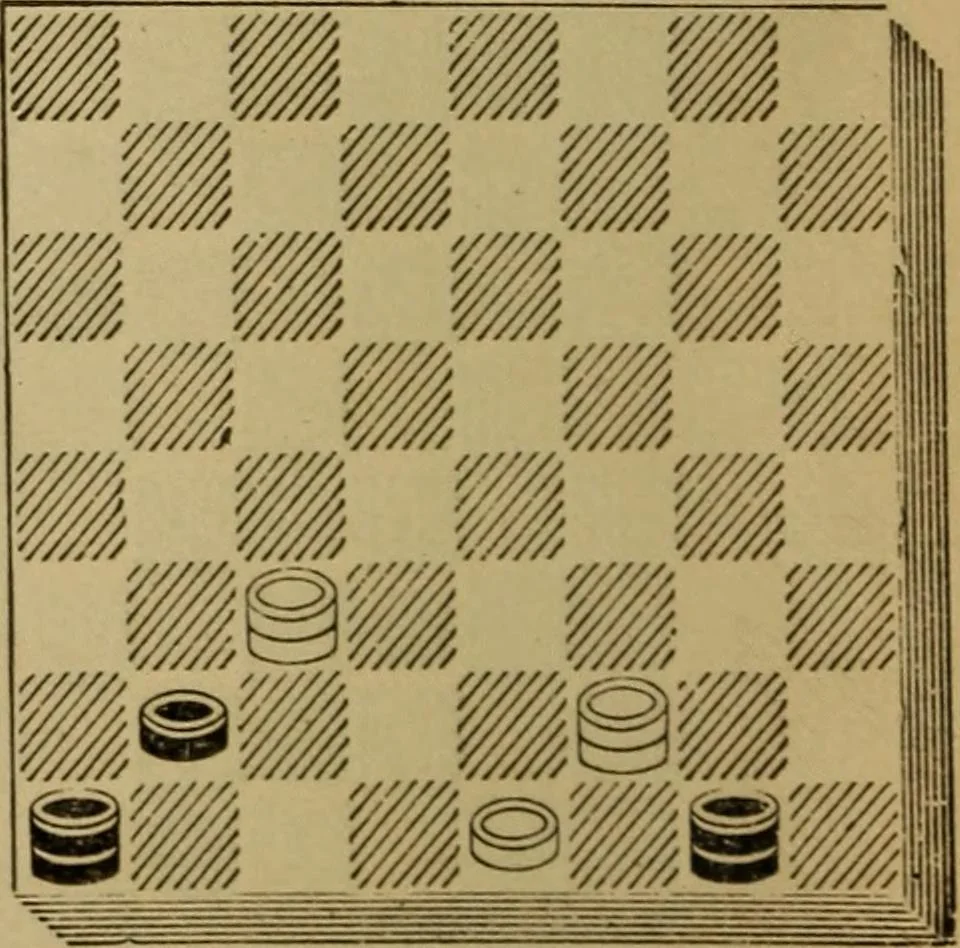 An illustration from Draughts : Gould's problems, critical positions and games by all the greatest players and composers of the world, the whole interspersed with notes on the positions / by Joseph Gould, 1895, leaf 15