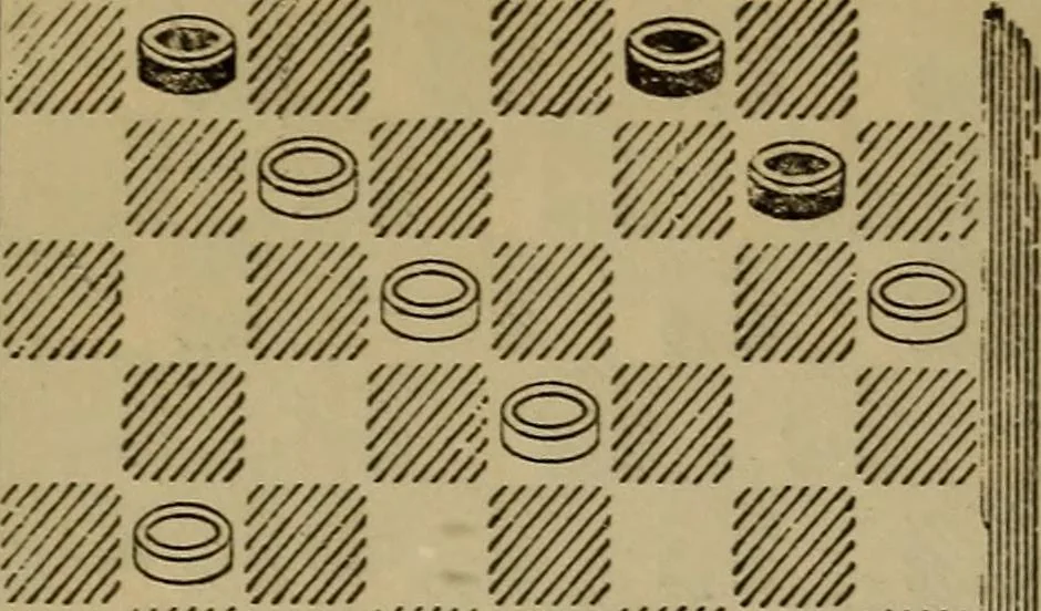 An illustration from Draughts : Gould's problems, critical positions and games by all the greatest players and composers of the world, the whole interspersed with notes on the positions / by Joseph Gould, 1895, leaf 151