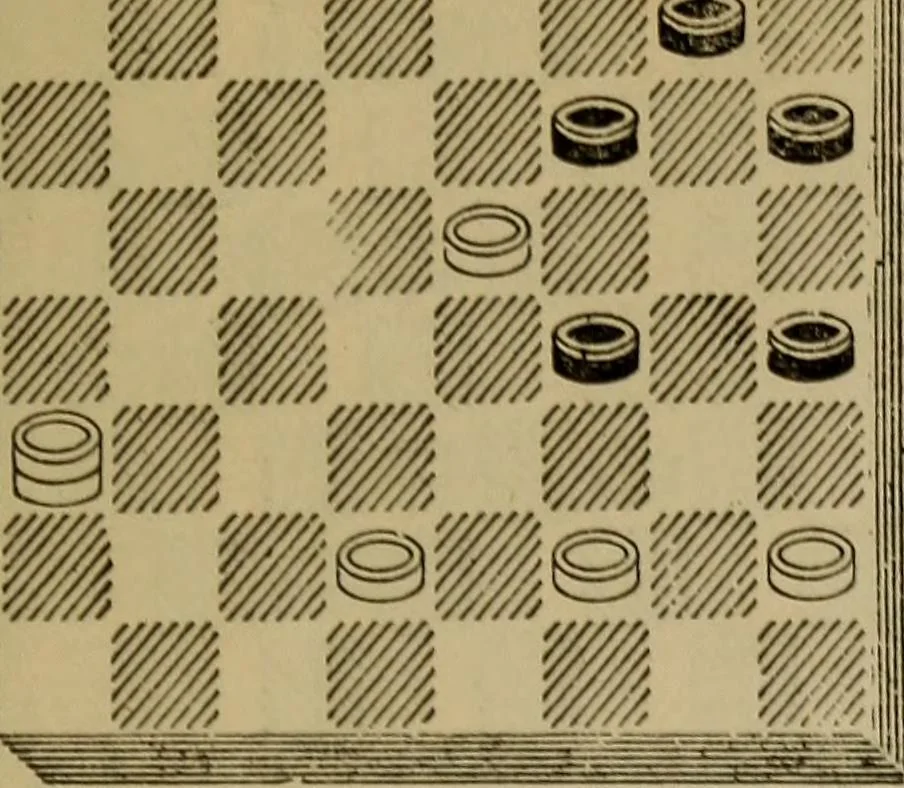 An illustration from Draughts : Gould's problems, critical positions and games by all the greatest players and composers of the world, the whole interspersed with notes on the positions / by Joseph Gould, 1895, leaf 152
