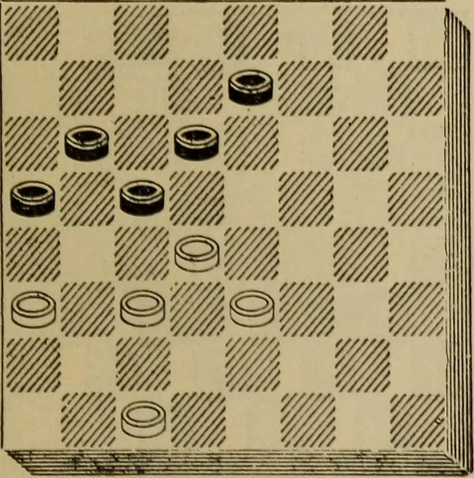 An illustration from Draughts : Gould's problems, critical positions and games by all the greatest players and composers of the world, the whole interspersed with notes on the positions / by Joseph Gould, 1895, leaf 152