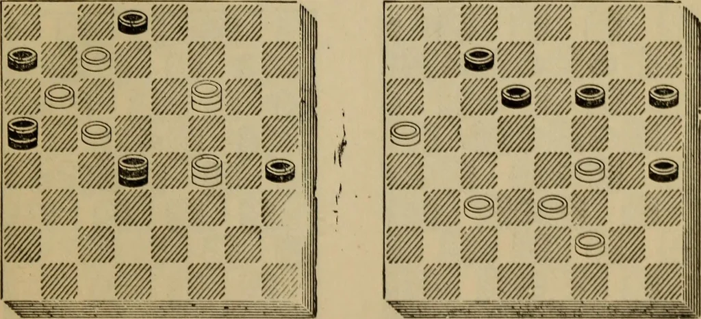 An illustration from Draughts : Gould's problems, critical positions and games by all the greatest players and composers of the world, the whole interspersed with notes on the positions / by Joseph Gould, 1895, leaf 152