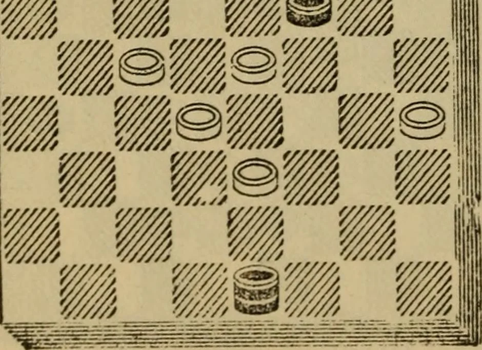 An illustration from Draughts : Gould's problems, critical positions and games by all the greatest players and composers of the world, the whole interspersed with notes on the positions / by Joseph Gould, 1895, leaf 153
