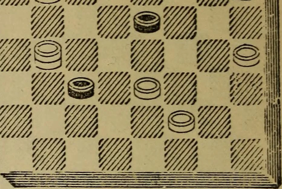 An illustration from Draughts : Gould's problems, critical positions and games by all the greatest players and composers of the world, the whole interspersed with notes on the positions / by Joseph Gould, 1895, leaf 153