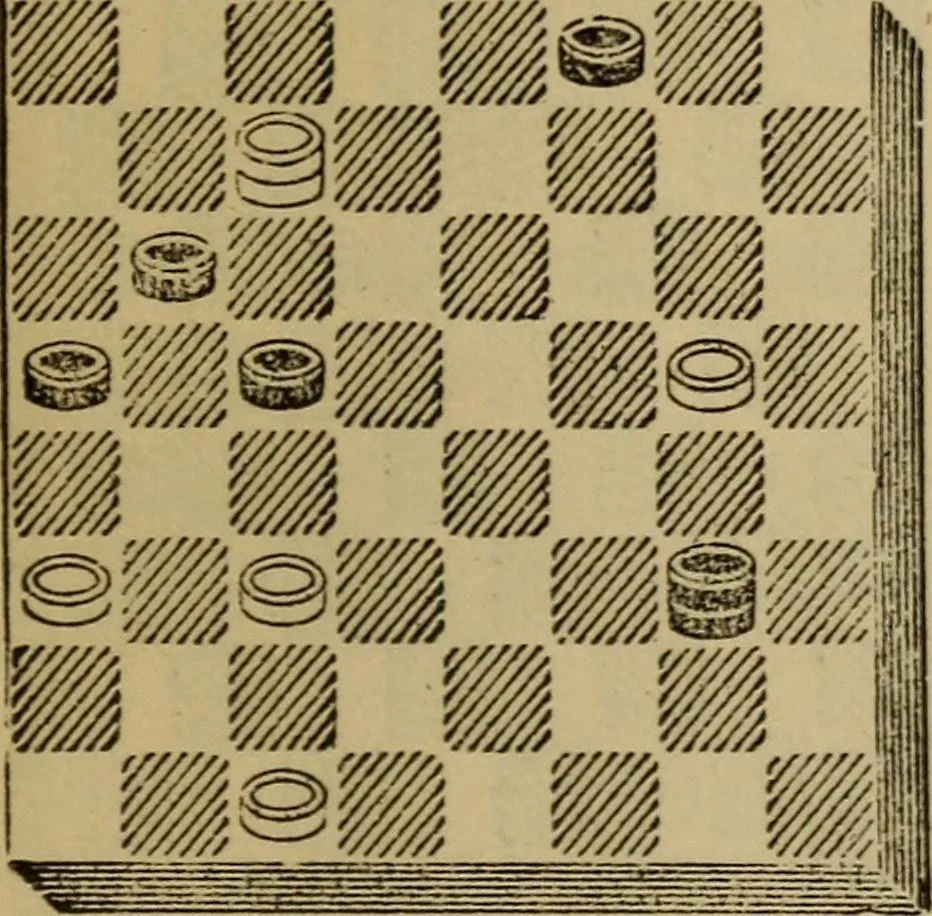 An illustration from Draughts : Gould's problems, critical positions and games by all the greatest players and composers of the world, the whole interspersed with notes on the positions / by Joseph Gould, 1895, leaf 154