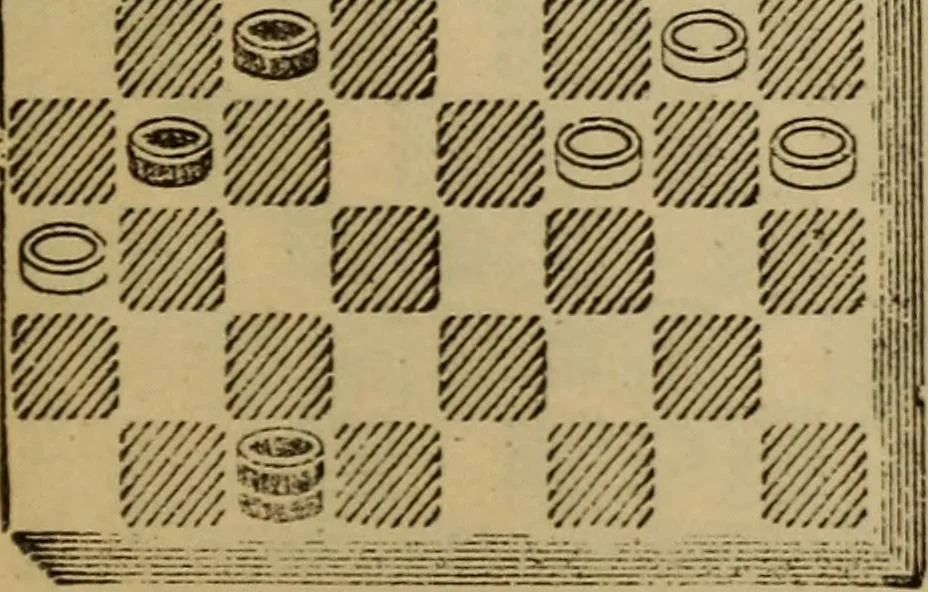 An illustration from Draughts : Gould's problems, critical positions and games by all the greatest players and composers of the world, the whole interspersed with notes on the positions / by Joseph Gould, 1895, leaf 154