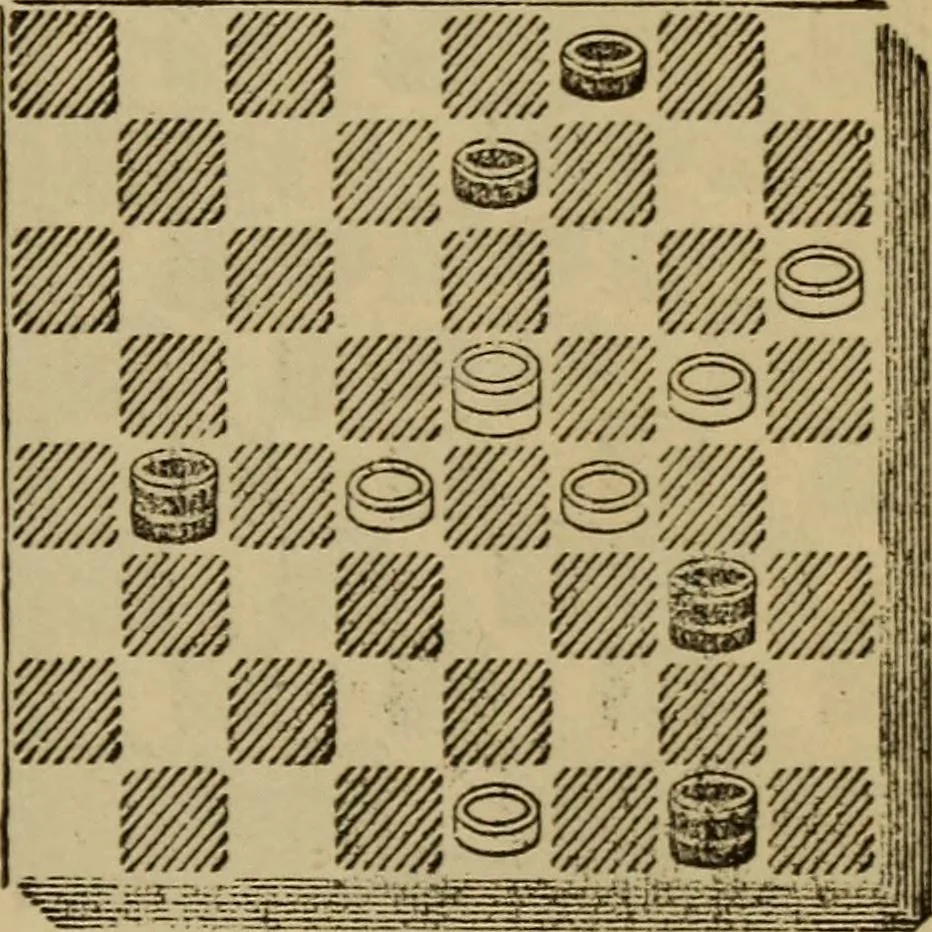 An illustration from Draughts : Gould's problems, critical positions and games by all the greatest players and composers of the world, the whole interspersed with notes on the positions / by Joseph Gould, 1895, leaf 154