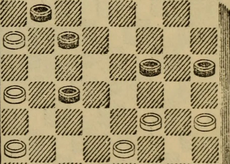 An illustration from Draughts : Gould's problems, critical positions and games by all the greatest players and composers of the world, the whole interspersed with notes on the positions / by Joseph Gould, 1895, leaf 154