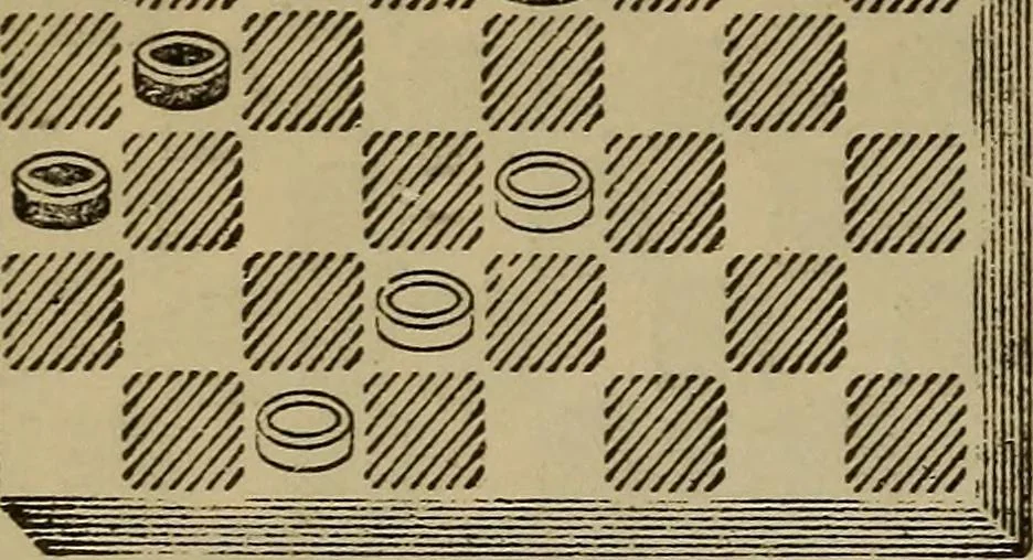 An illustration from Draughts : Gould's problems, critical positions and games by all the greatest players and composers of the world, the whole interspersed with notes on the positions / by Joseph Gould, 1895, leaf 155