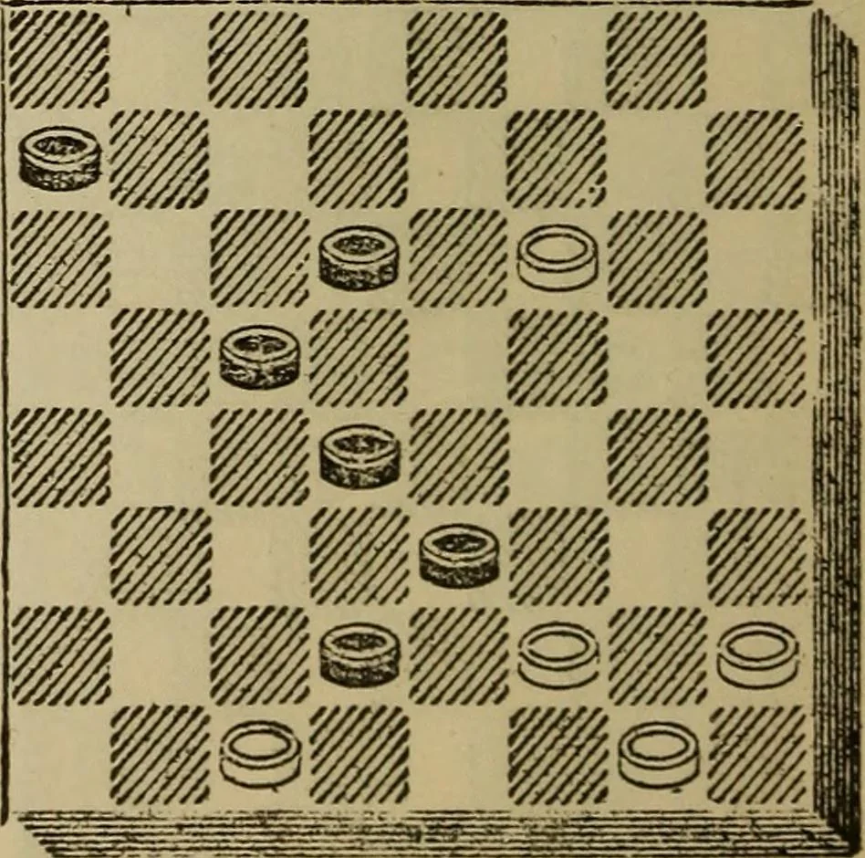 An illustration from Draughts : Gould's problems, critical positions and games by all the greatest players and composers of the world, the whole interspersed with notes on the positions / by Joseph Gould, 1895, leaf 155