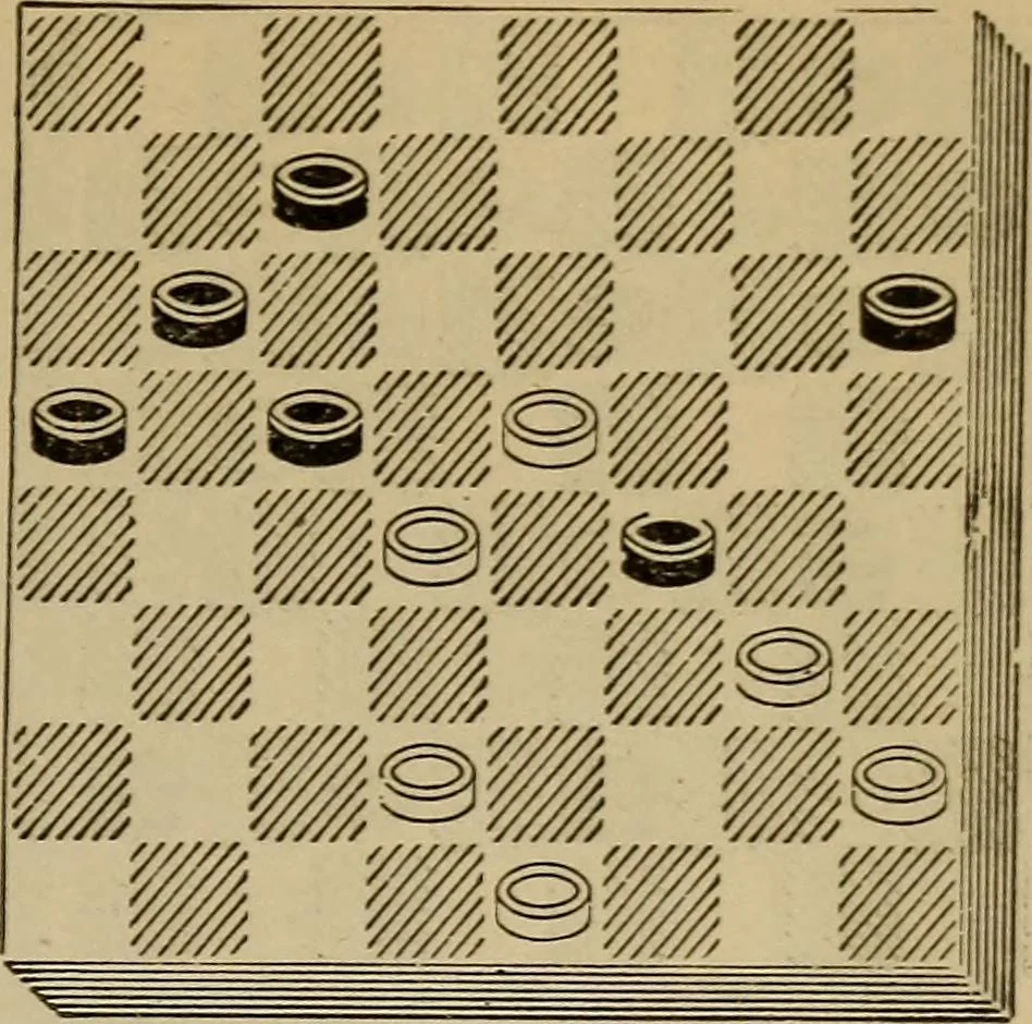An illustration from Draughts : Gould's problems, critical positions and games by all the greatest players and composers of the world, the whole interspersed with notes on the positions / by Joseph Gould, 1895, leaf 156