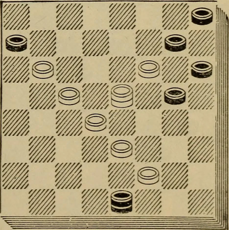 An illustration from Draughts : Gould's problems, critical positions and games by all the greatest players and composers of the world, the whole interspersed with notes on the positions / by Joseph Gould, 1895, leaf 156